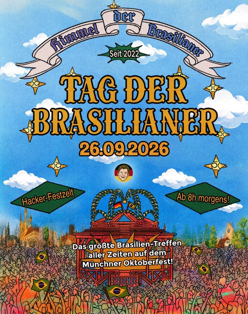 Flyer zum Dia dos Brasileiros: gr&ouml;&szlig;tes Treffen von Brasilianern auf dem M&uuml;nchner Oktoberfest am Samstag, den 26. September 2026, im Hacker-Festzelt, ab 8 Uhr morgens.
