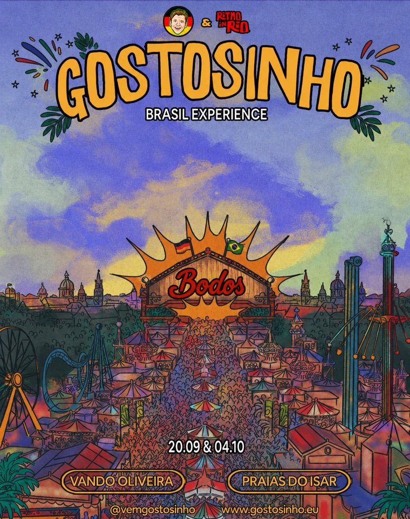 Gostosinho Brasil Experience flyer with Ritmo in Rio at the Bodos tent. Featuring Vando Oliveira and Praias do Isar. September 20 and October 4, 2026.